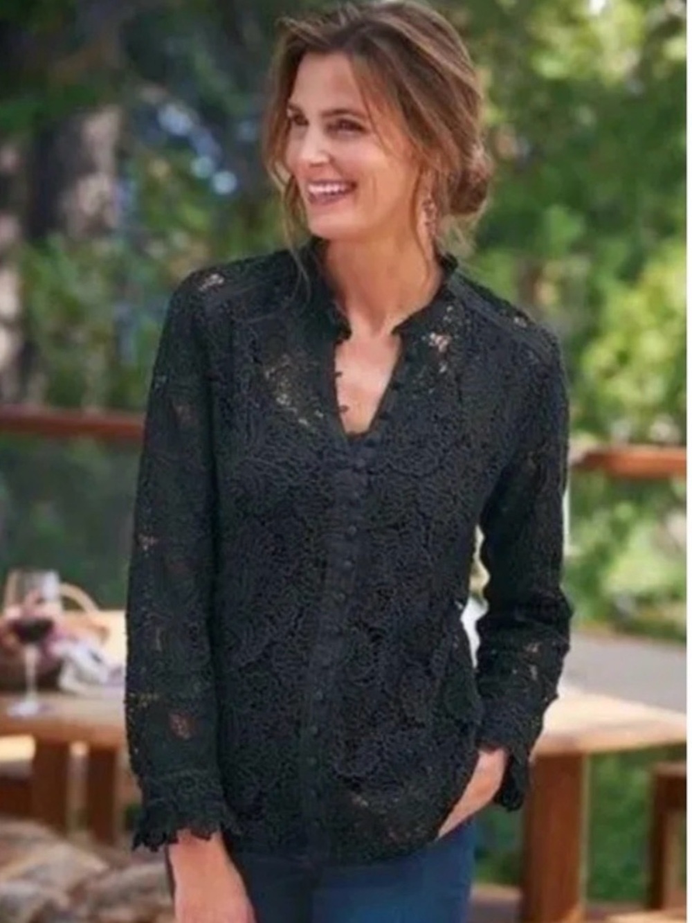 Soft Surroundings Lassele Black Lace Shirt & Cami Button-Front Blouse